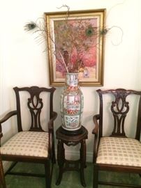 Chippendale chairs; large Famille Rose vase