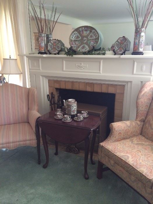 More Famille Rose selections; fireside chairs; small drop leaf table