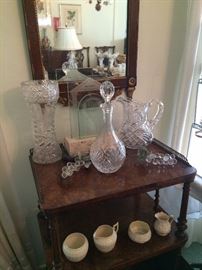 Walnut burled etagere with brass gallery; (award on top shelf not included in the sale); Belleek selections - bottom shelf