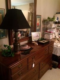 Triple dresser & matching mirror; lots of linens/bedding