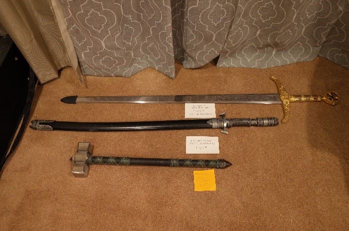 spanish sword, katan sword, and medieval hammer