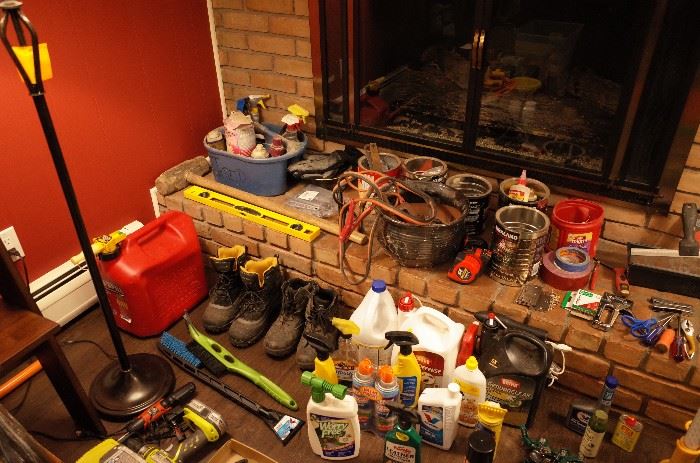 tools, boots, gas can, cleaning supplies, and more