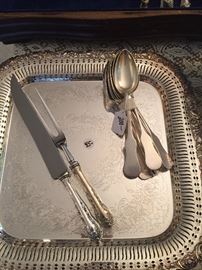 sterling or coin silver flatware/ plated tray