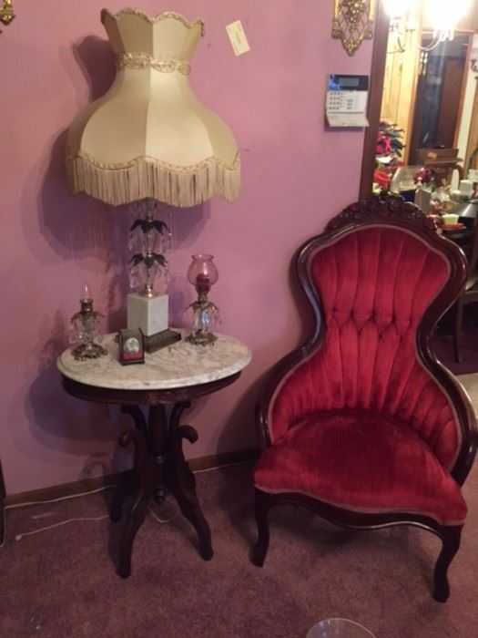 Victorian marble top table and parlor chair