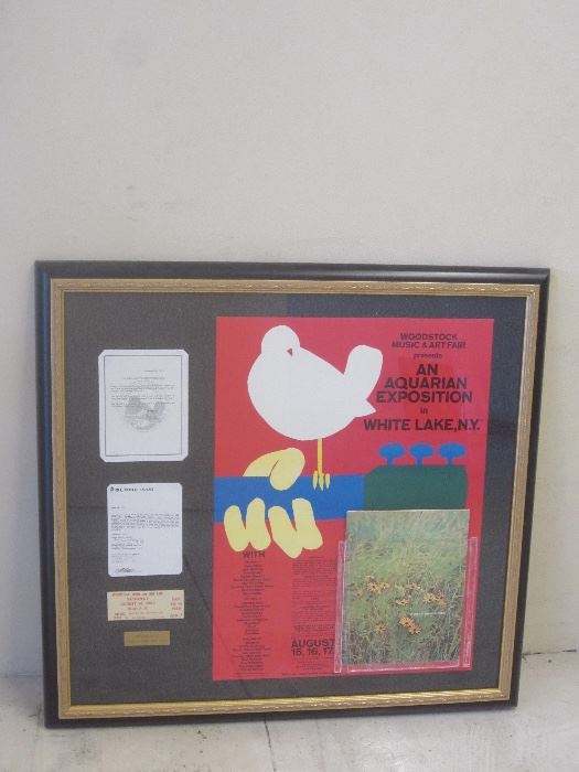 Original poster, program and admission ticket to Woodstock. C.O.A. letters included in custom framing.