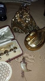 Much vintage ladies clothes and accessories. Whiting and Davis gold mesh purse and 10K gold tie bar w/ claw-very cool!!