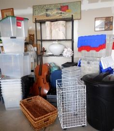 Plastic Storage Bins of all Sizes; Black Wire Shelf Unit; Artwork; Cello