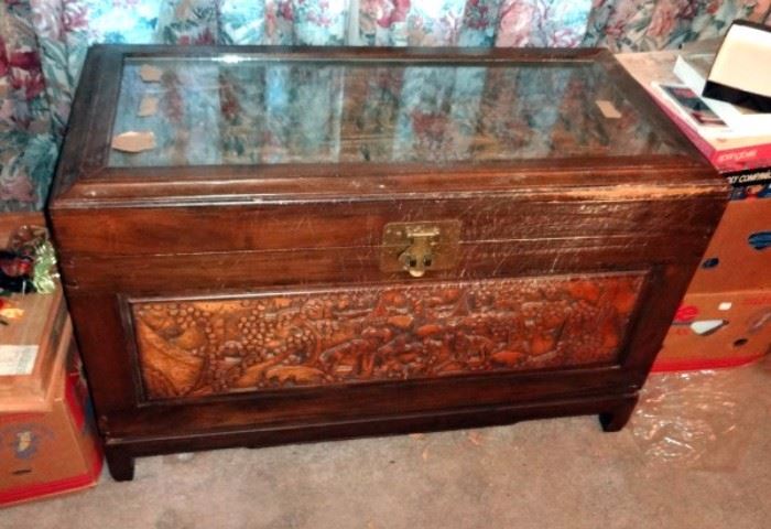 Heavily Carved, Antique Trunk With Oriental Theme Inlaid Glass Top Over Garden Scene All Sides With Carved Images, With Tray Insert
