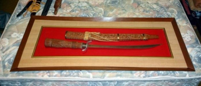 Vintage Short Sword in Hand Carved Wood Sheath With Wood Hilt Mounted on Presentation Hanger, Blade Is Stamped 21.5" Blade, Frame Measures 19.5"T x 46