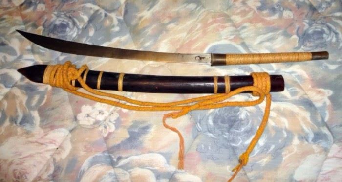 Scimitar Style Sword With Brass and Reed Wrapped Hilt and Wood Sheath Blade is Stamped, 20.25" Blade