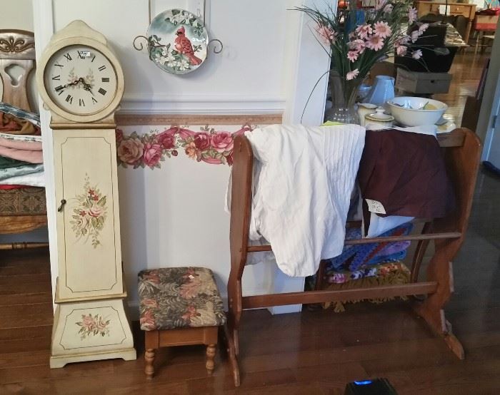 Grandmother clock, stool and quilt stand