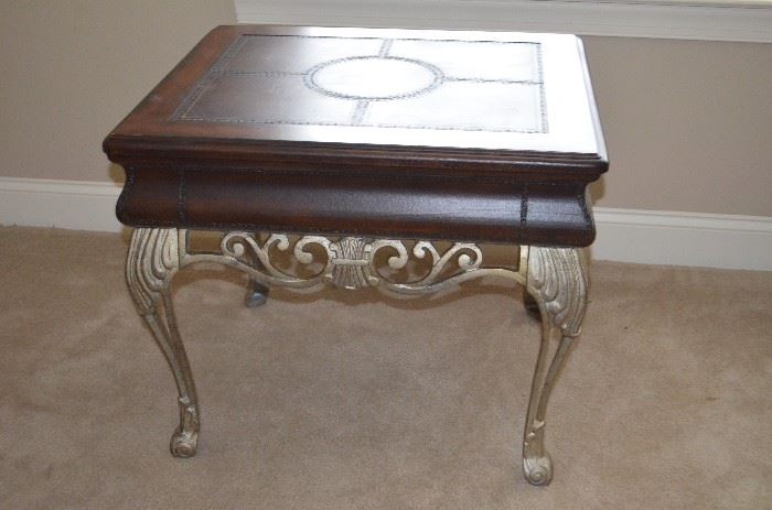 Lovely Leather & WoodTopped End Table with Cast Iron Filigree Cabriolet Legs