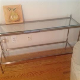 Crate and Barrel sofa table with glass shelves