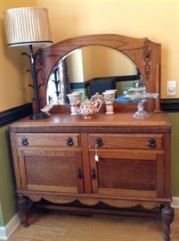 Oak buffet, beveled mirror and great storage