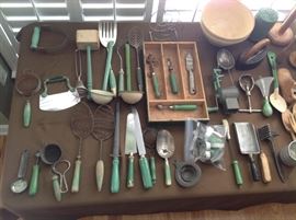 Large collection vintage green handled kitchen items