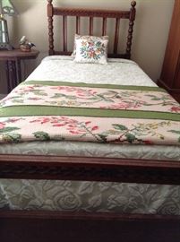 Twin oak carved bed, beautiful heavy handmade and hand decorated blanket