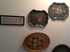 Large collection of hand painted tole trays