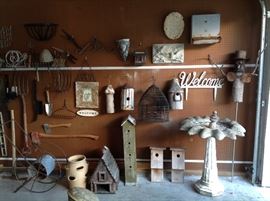 Fun yard items, bird houses, signs and vintage garden tools