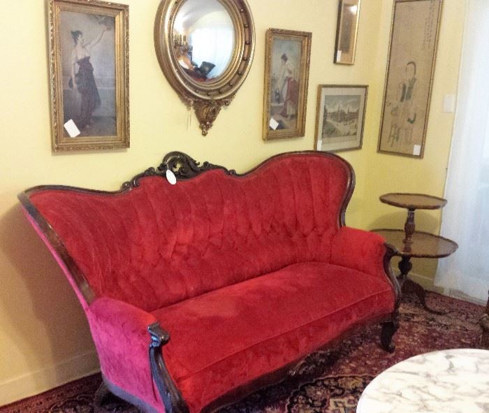Victorian red velvet sofa, prints, federal convex mirror