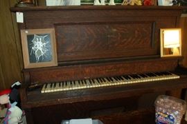 oak vintage upright piano w/stool, have old sheet music too
