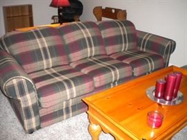 Matching solid wood end table, coffee table and sofa table...Plaid sofa/couch has loveseat with ottoman, Leather oversized recliner