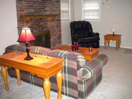 Matching solid wood end table, coffee table and sofa table...Plaid sofa/couch has loveseat with ottoman, Leather oversized recliner