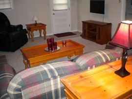 Matching solid wood end table, coffee table and sofa table...Plaid sofa/couch has loveseat with ottoman, Leather oversized recliner