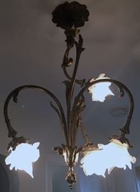 Brass and Frosted Glass 'Flower" Chandelier 