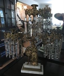 Brass and Marble Antique Candelabra with Crystal Drops 