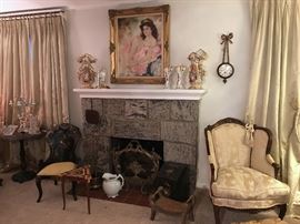 Lovely, Antique Vases, Oil Painting, Brass Fireplace screen and accessories, Wall Clock