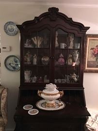 Mahogany Secretary with lighted Display Cabinet  Italian Tureen, Royal Doulton
