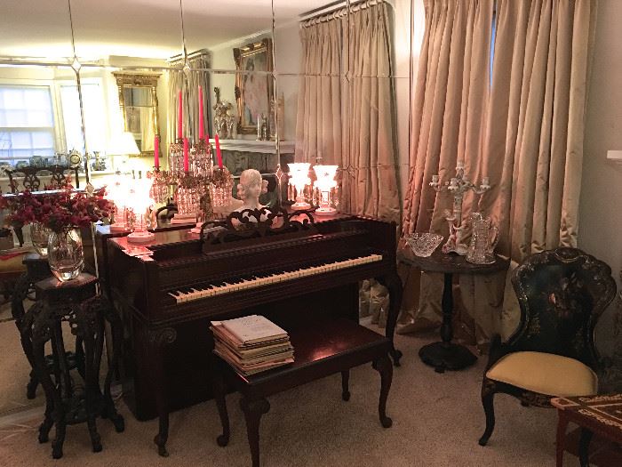 Everett Spinet Piano and Bench, Sheet Music, Carved Pedestal w/ Marble Inset, Antique, Hand Painted Side Chair and Table with inlaid Mother of Pearl  Detailing.