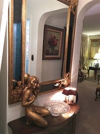 Large, Ornate Mirror, Plaster Statue, Accent Light and Crystal Bowl