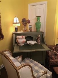 DROP LEAF DESK, WING BACK CHAIR, ANTIQUE LAMP, MUSICAL BEER STEIN