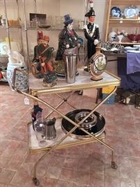 1950'S SERVING CART, BAR WEAR AND DECORATIVE, SPIRIT DECANTERS
