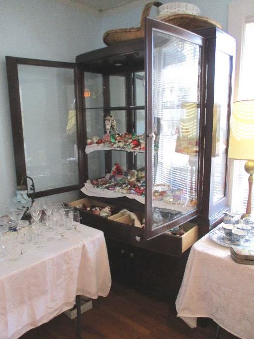 China cabinet filled with "papa's glass ornaments".  Beautiful German Glass Ornaments.