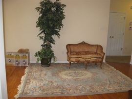 Vintage French Prov settee - needs reupholstering, 8 X 10 area rug, Very large silk tree with base (light fixtures not for sale)