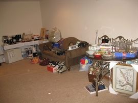 Roller blades, Victorian sofa, glass top table 4 chair, kitchen items