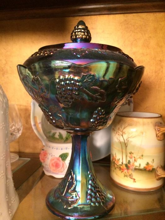 Gorgeous Rainbow Luster Grapes compote bowl with lid