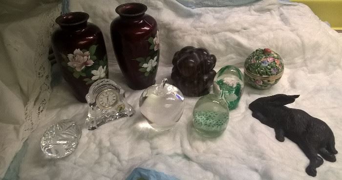 PAPERWEIGHTS; DECORATIVE BRONZES; JAPANESE CLOISONNE VASES