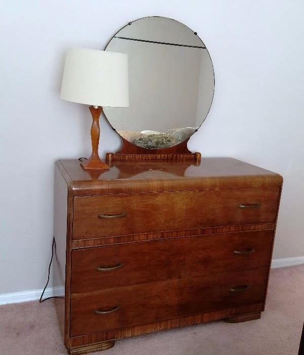 Antique Waterfall Dresser with Round Mirror