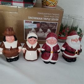 Kitchy Publix Pilgrim Salt and Pepper and Mr and Mrs. Santa Salt and Pepper. New in Box Snowman Triple Server. Christmas Holly Water glasses