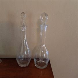 Tall Etched Glass Carafes with stopper and matching wine glasses (not shown)