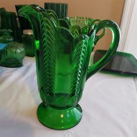 Vintage Green Heavy Cut Glass Pitcher