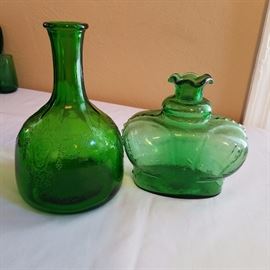 Vintage Green Glass Embossed Vase and Vintage Crown Shaped Vase