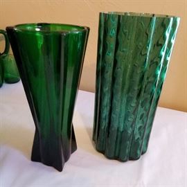 Heavy Green Glass Art Deco Vase. Scalloped Green Glass Vase