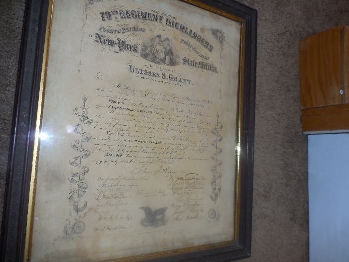 Dated 1869 and signed by members of the 79th Rgiment Highlanders of NY to Ulysses S. Grant commending him on his appointment of Elizabeth Van Lew as postmaster as thanks for her invaluable help during the Civil War with Prisoners of War at Libby Prison and her espionage ring which has been deemed crucial in the winning of the war.  