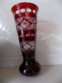 Beautiful Cut Crystal Ruby Red Vase Tall