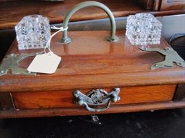 ANTIQUE WRITING STAND WITH CRYSTAL INK WELLS