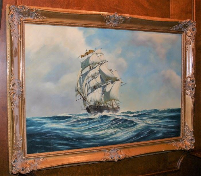 Fine 24” x 36” Signed “Marchington” Sailing Ship Oil Painting